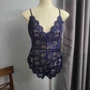SHEIN Blue Lace Chemise with Scalloped Trim